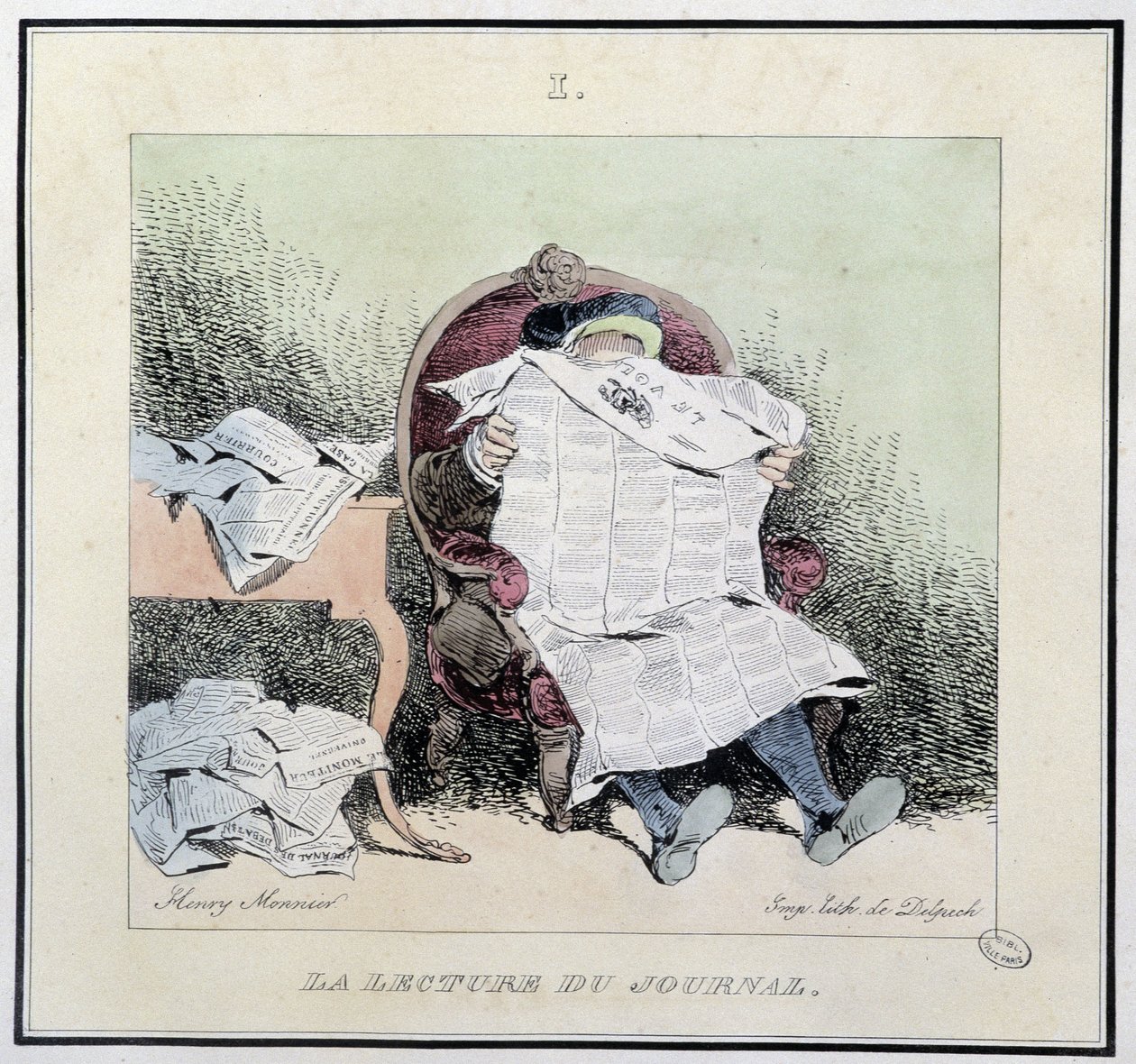 Läser tidningen - i "" Parisian sketches" av Henri Monnier, red. Delpech, Paris av Henri Bonaventure Monnier