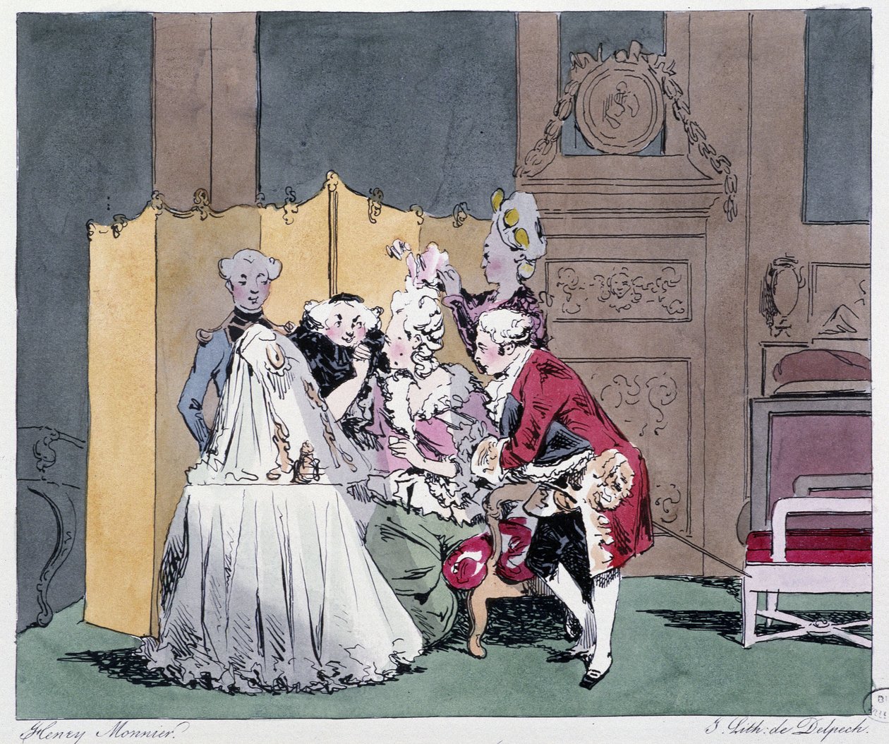 Toaletten (frisörscenen) på 1700-talet - i "" Förr och idag"" av Henri Monnier, red. Delpech, Paris av Henri Bonaventure Monnier