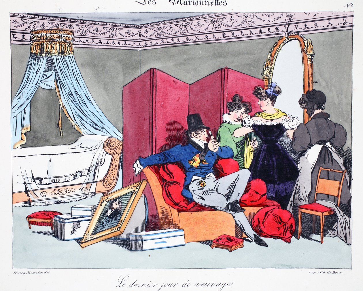 Le dernier jour de veuvage, illustration ur "Les Marionnettes" av Henri Monnier, litograferad av Delpech, pub. Paris, ca 1828 (handkolorerad litografi) av Henri Bonaventure Monnier