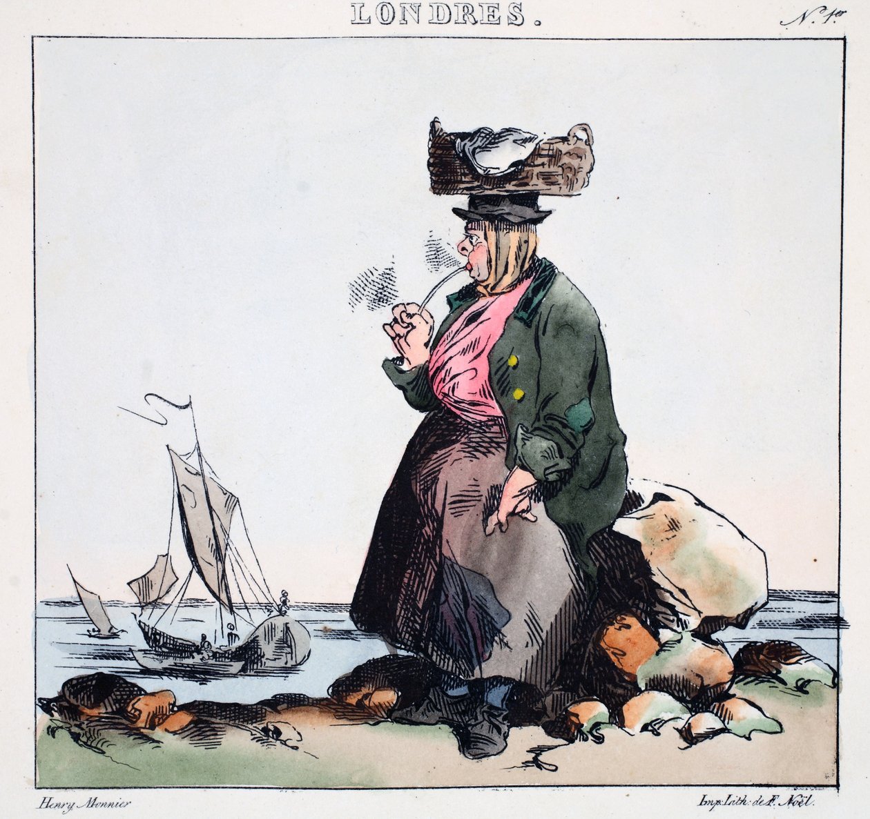 Nymph of the Camisa, illustration från "Londres" av Henry Monnier, pub. Paris, ca 1828 (handfärgad litho) av Henri Bonaventure Monnier