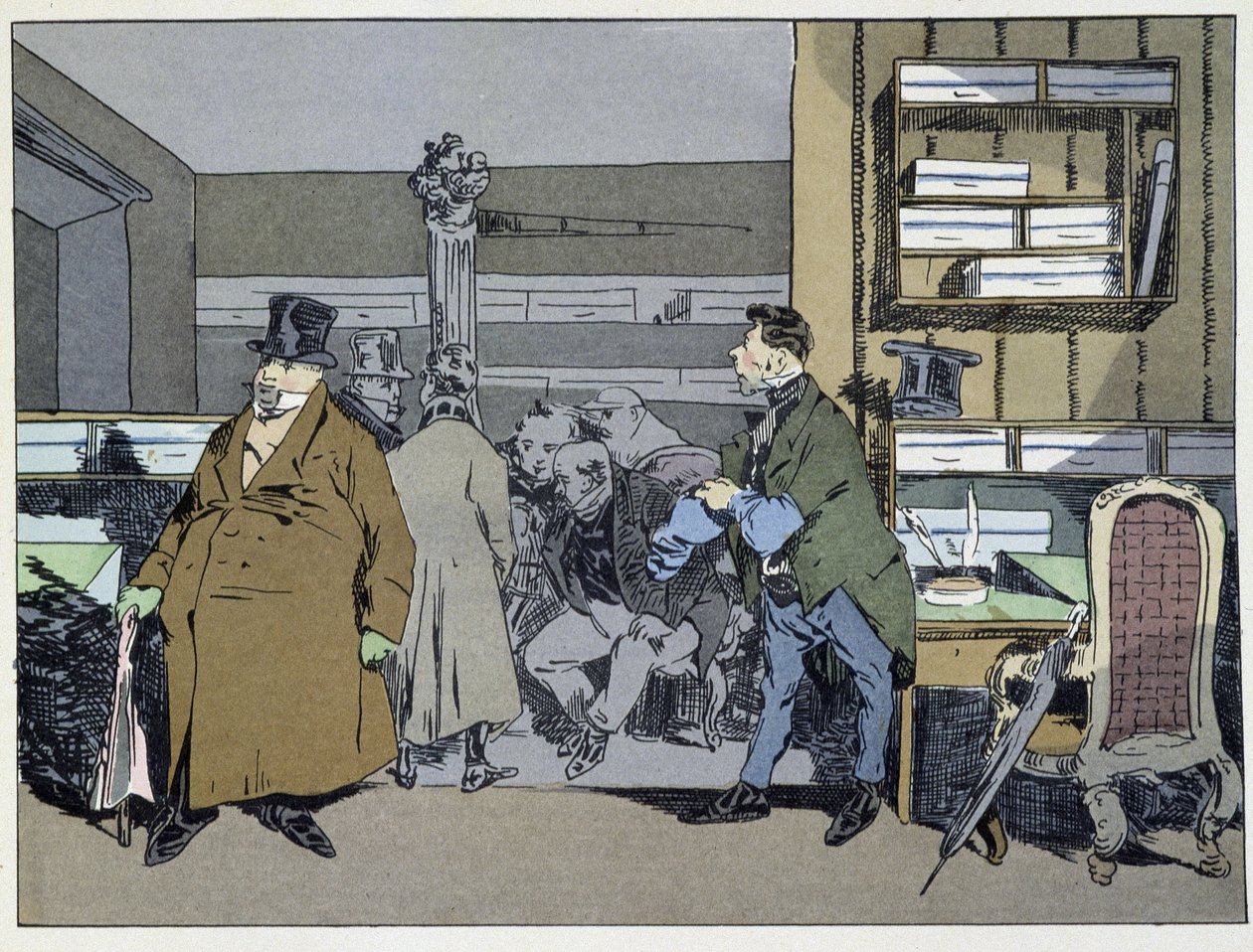 Nio timmar: ankomst av anställda, byte av kostymer, liten spisrundtur - i "" Administrativa seder"" av Henri Monnier av Henri Bonaventure Monnier