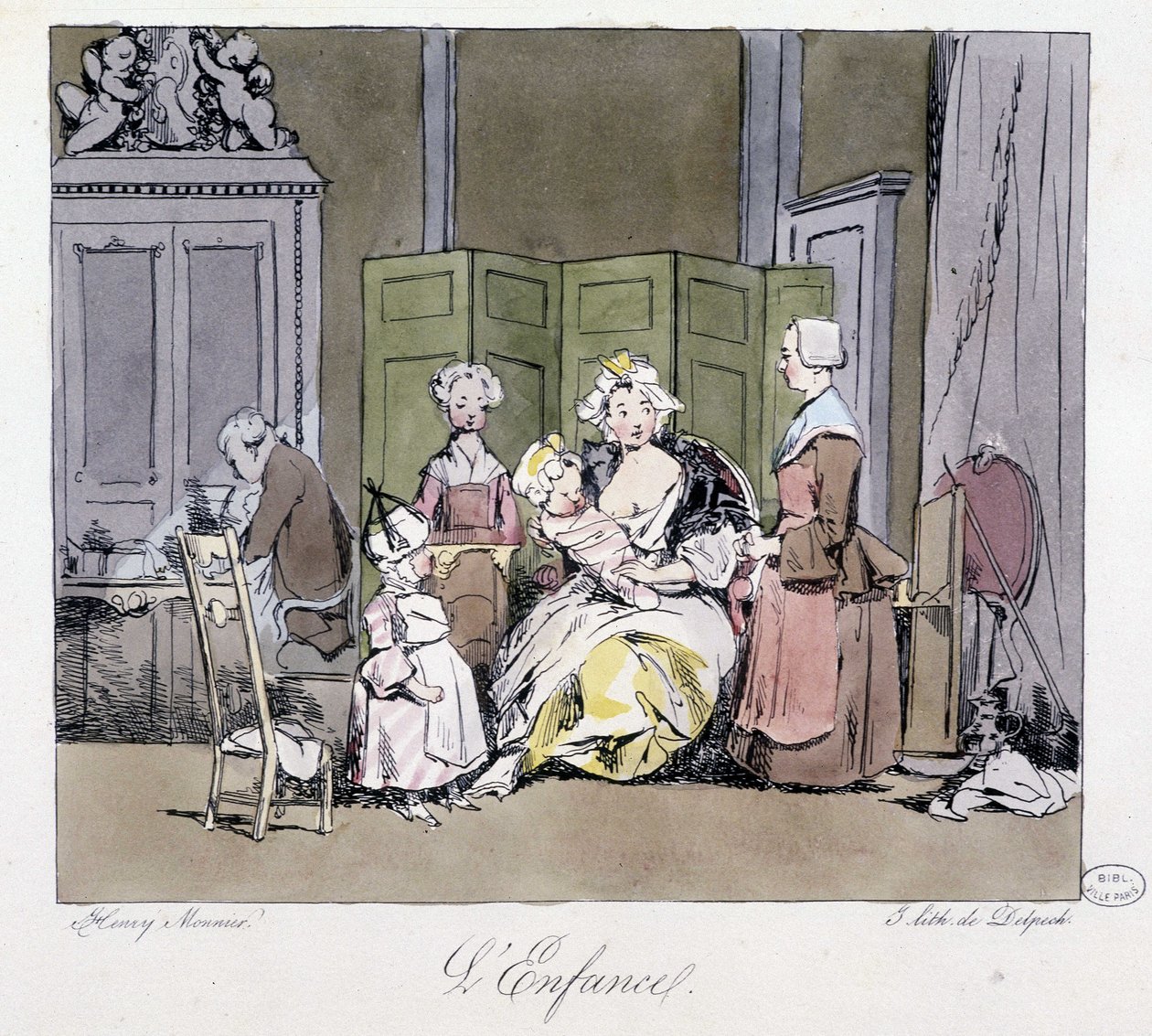 Våt sjuksköterska, tjänare, baby och barn i 1700-talets aristokrati - i "" Förr och idag" av Henri Monnier, red. Delpech, Paris av Henri Bonaventure Monnier