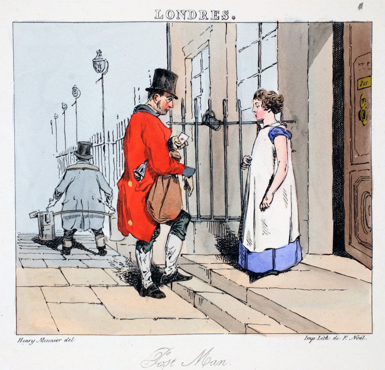 Postman, illustration ur "Londres" av Henri Monnier, pub. Paris, ca 1828 (handkolorerad litografi) av Henri Bonaventure Monnier