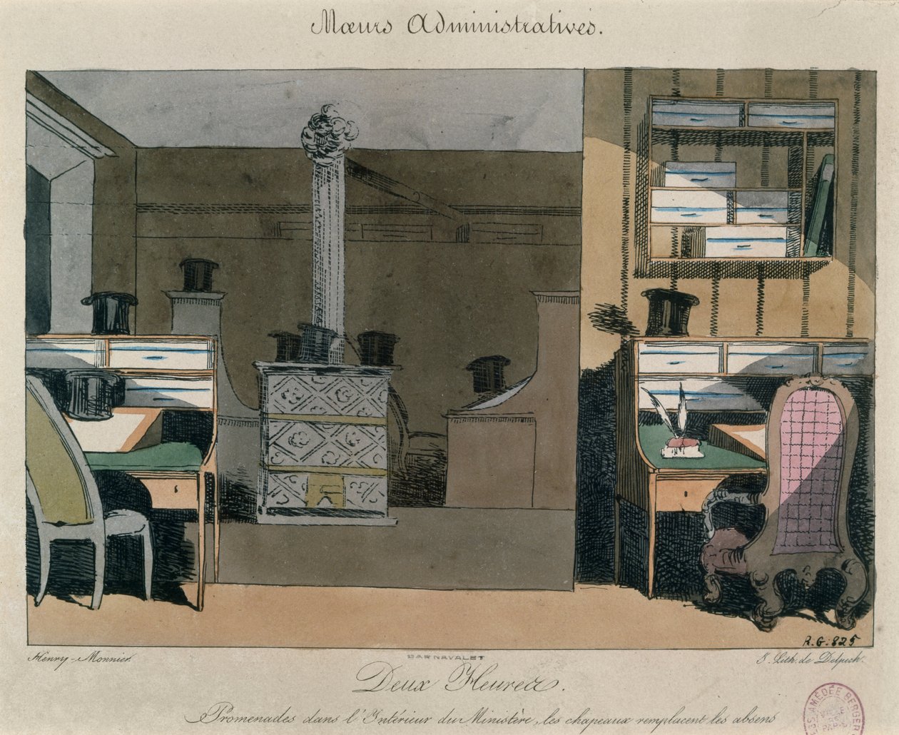 Scen på ett parisiskt kontor under lunchrasten, ca 1830 (färggravyr) av Henri Bonaventure Monnier