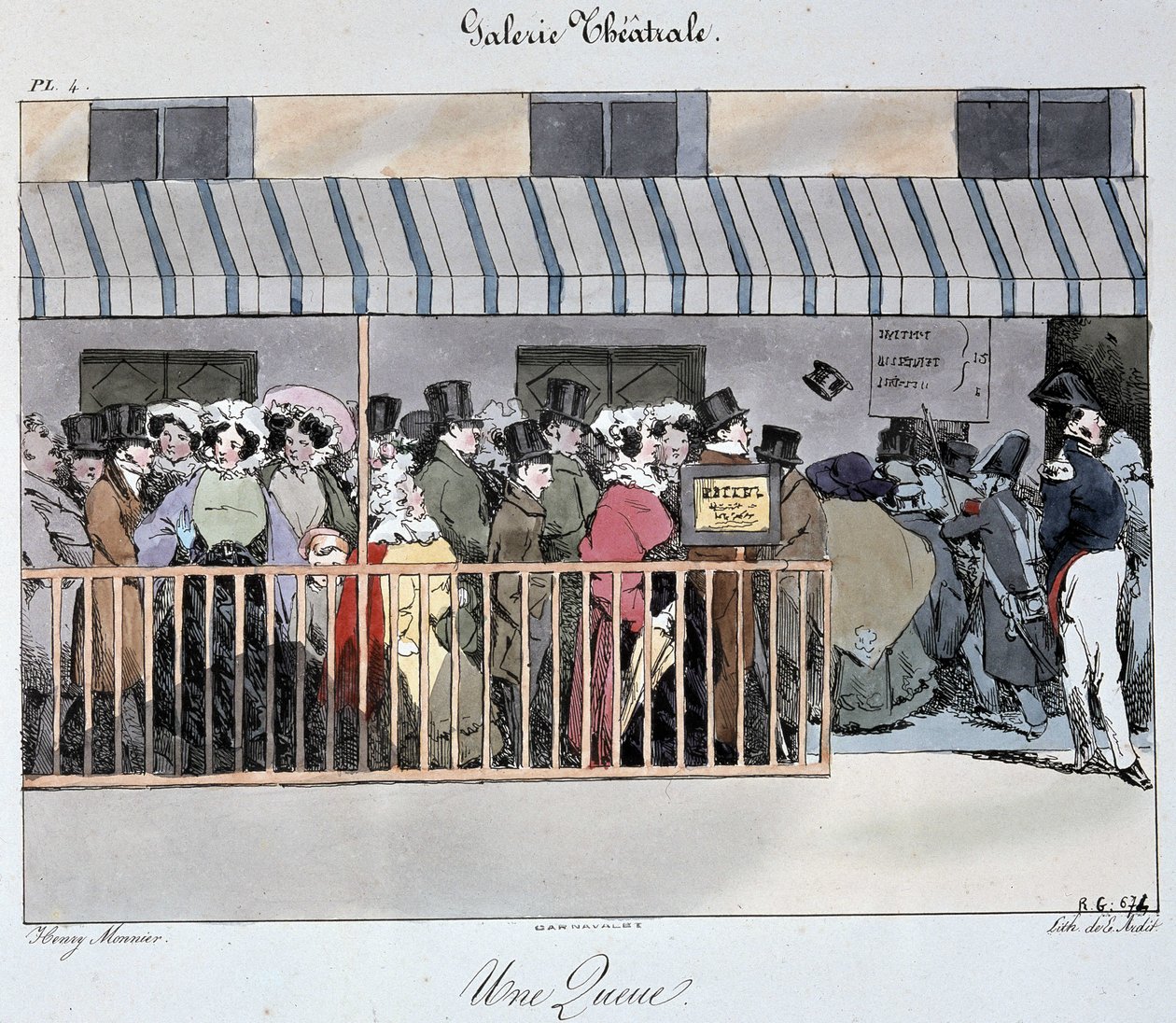 Teatergalleriet: en svans vid ingången - Teckning av Henri Monnier, Carnavalet av Henri Bonaventure Monnier