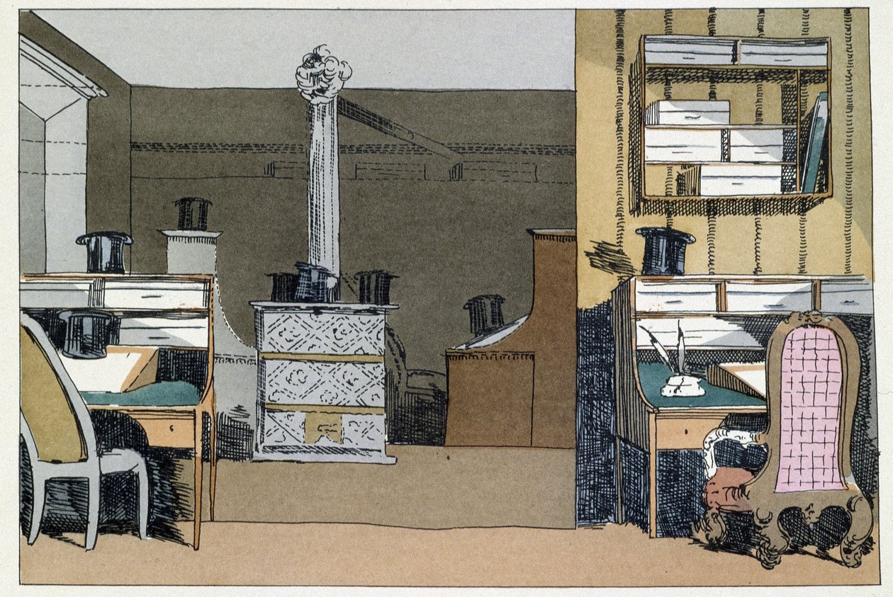 Två timmar: promenader i ministeriets inre, hattar ersätter det frånvarande - i "" Administrativa seder"" av Henri Monnier av Henri Bonaventure Monnier