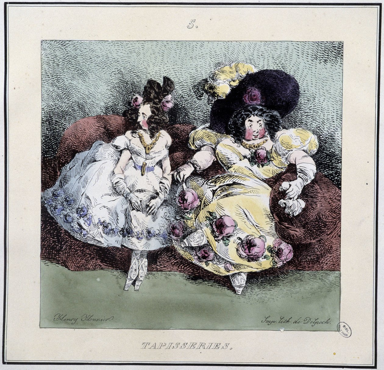 Fula kvinnor som gör "" gobeläng"" sitter i ett vardagsrum - i "" Parisiennes" av Henri Monnier, red. Delpech, Paris av Henri Bonaventure Monnier