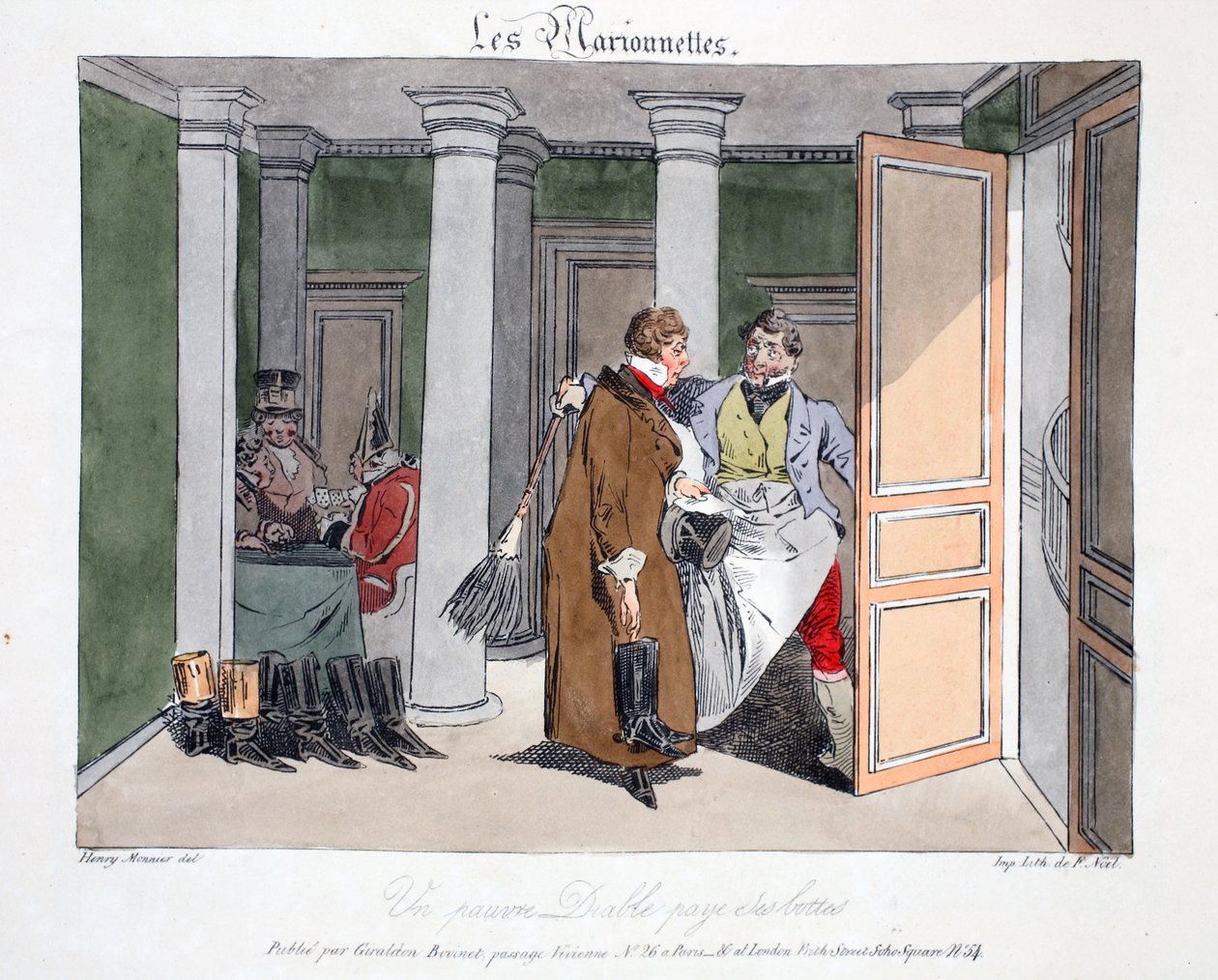 Un pauvre diable paye des bottes, illustration från "Les Marionnettes" av Henri Monnier, litograferad av Delpech, pub. Paris, ca 1828 (handkolorerad litografi) av Henri Bonaventure Monnier