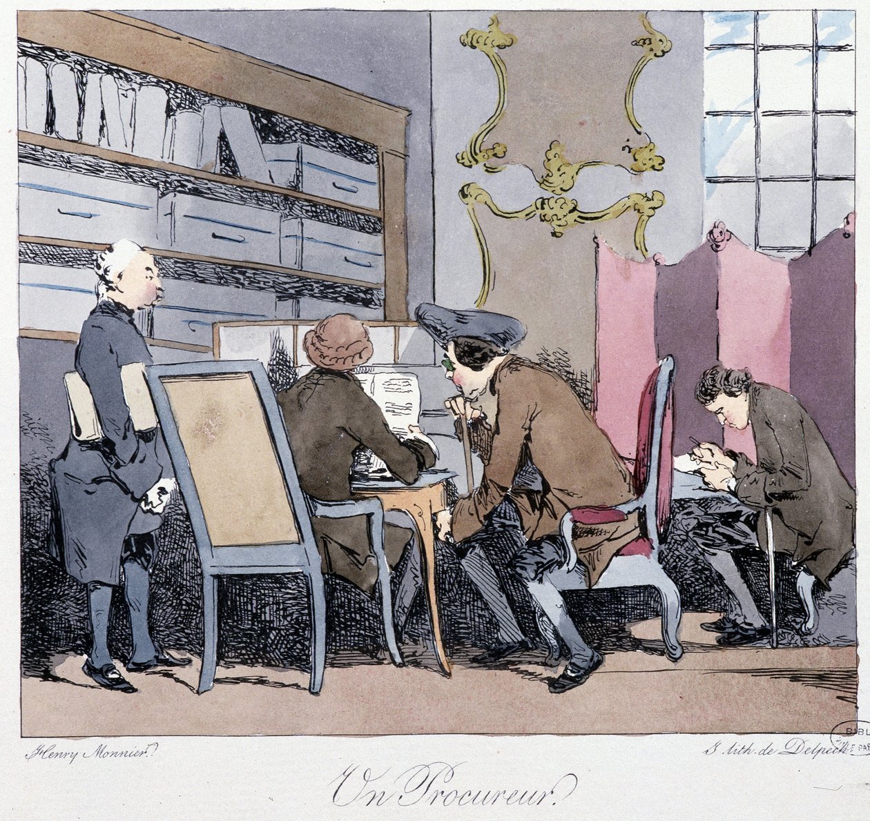 En åklagare (fyra män i en studie) - i "" Förr och idag"" av Henri Monnier, red. Delpech av Henri Bonaventure Monnier