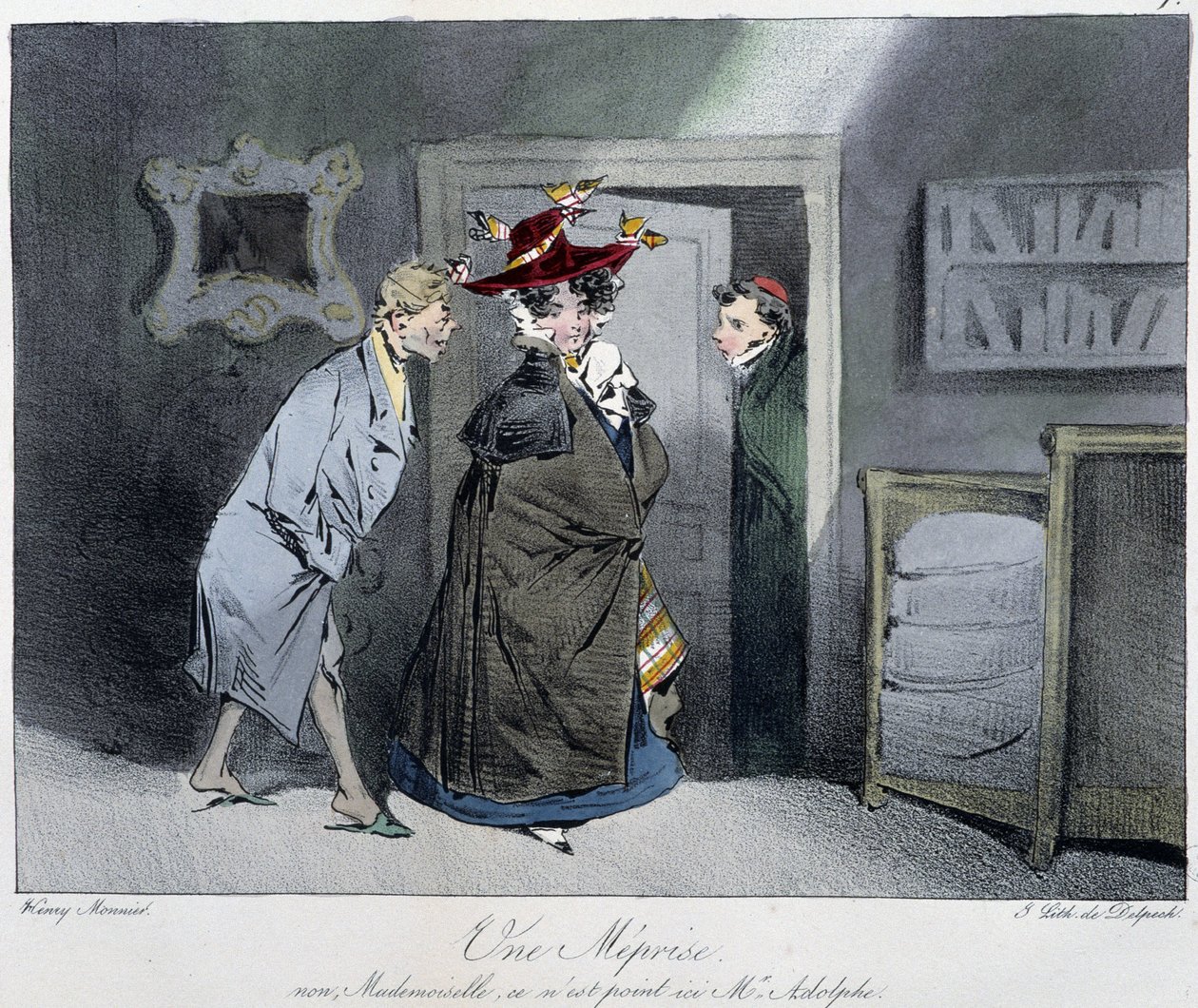 Ett missförstånd: "" Nej, fröken, det är inte här Monsieur Rodolphe"" - i "" Parisian sketches"" av Henri Monnier, red. Delpech, Paris av Henri Bonaventure Monnier