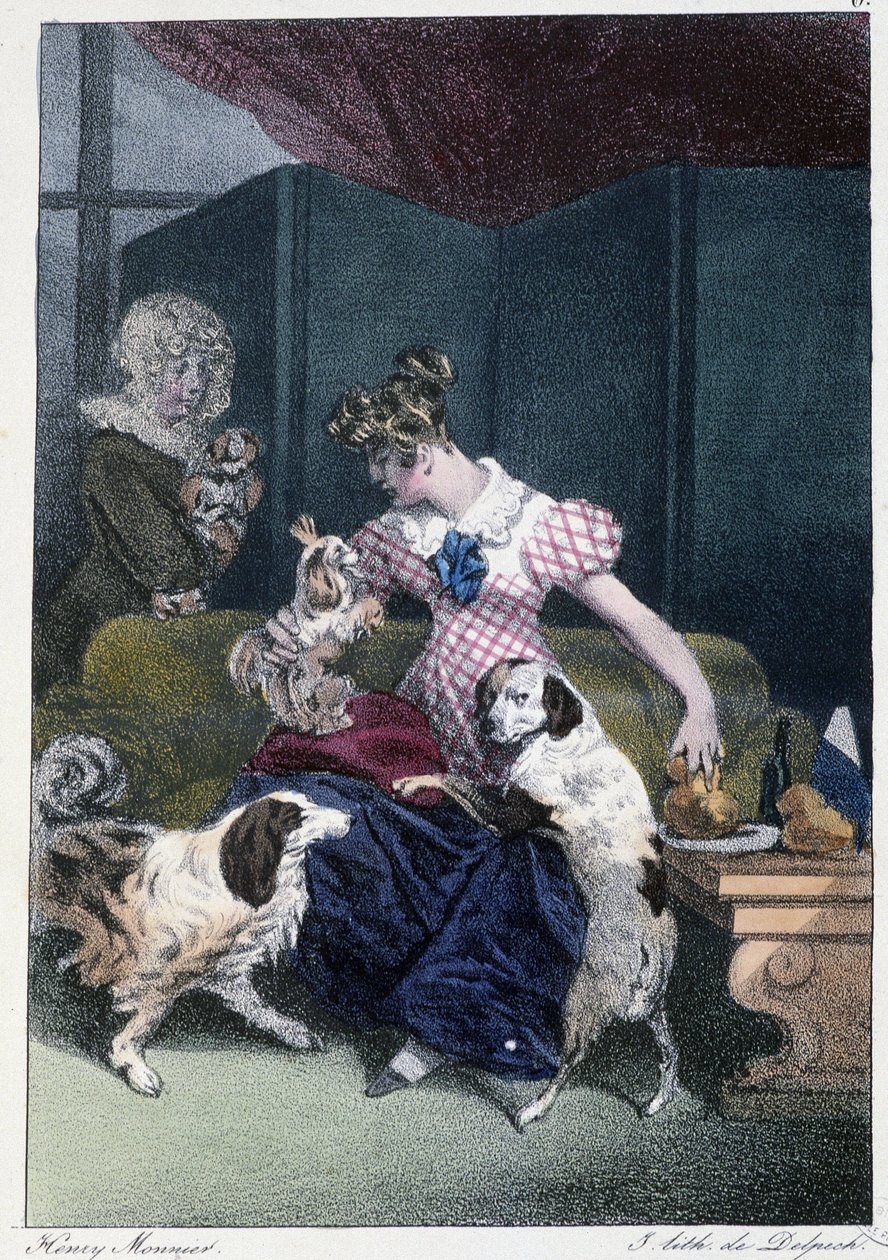 Ung tjej med hundar: "" Alla tar sitt nöje där han hittar honom"" - i "" Les pastemps"" av Henri Monnier, red. Delpech, Paris av Henri Bonaventure Monnier
