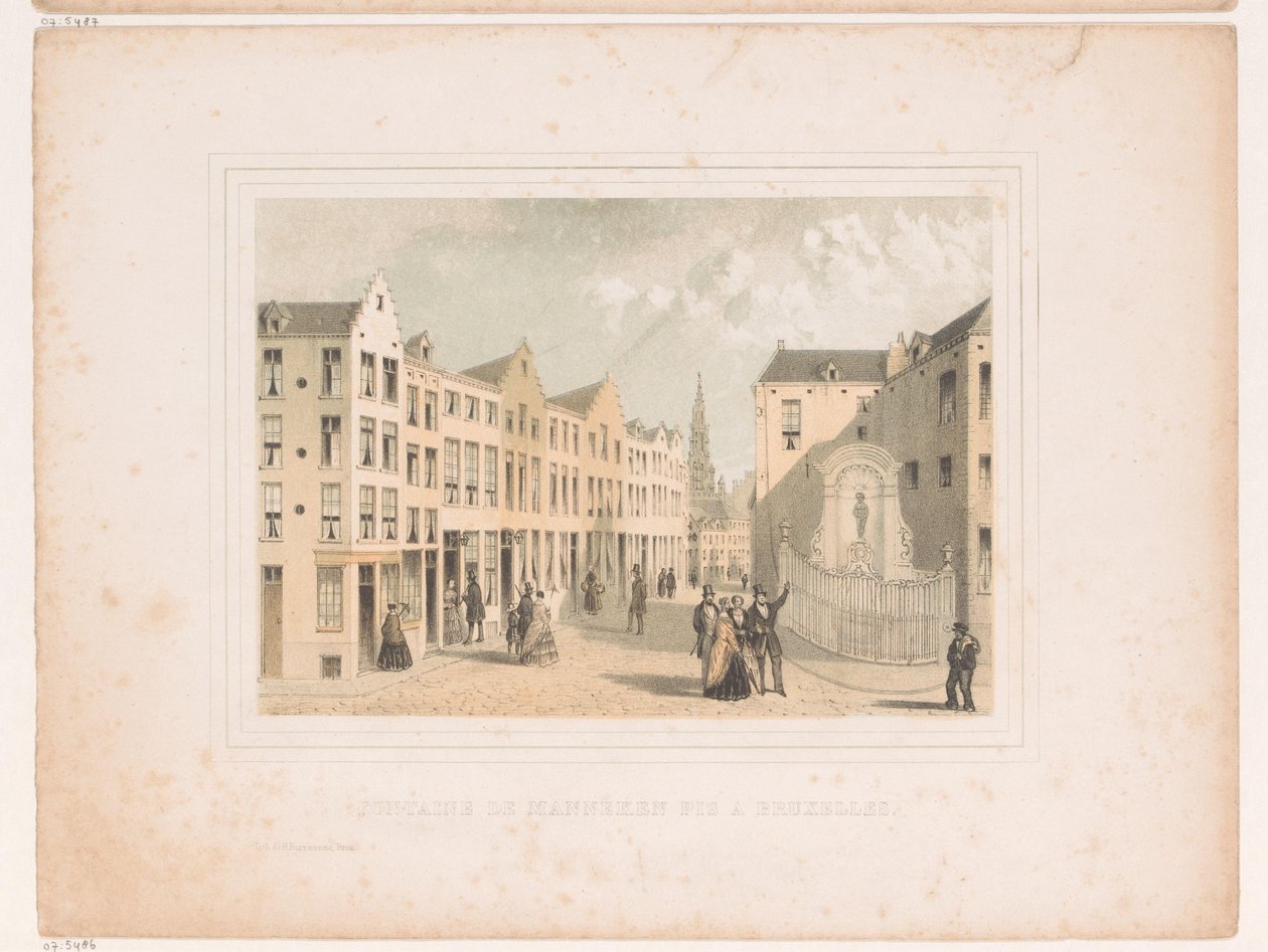 Utsikt över Manneken Pis fontän Fontaine de Manneken Pis a Bruxelles (titel på objekt) av Henri Borremans (attributed to)