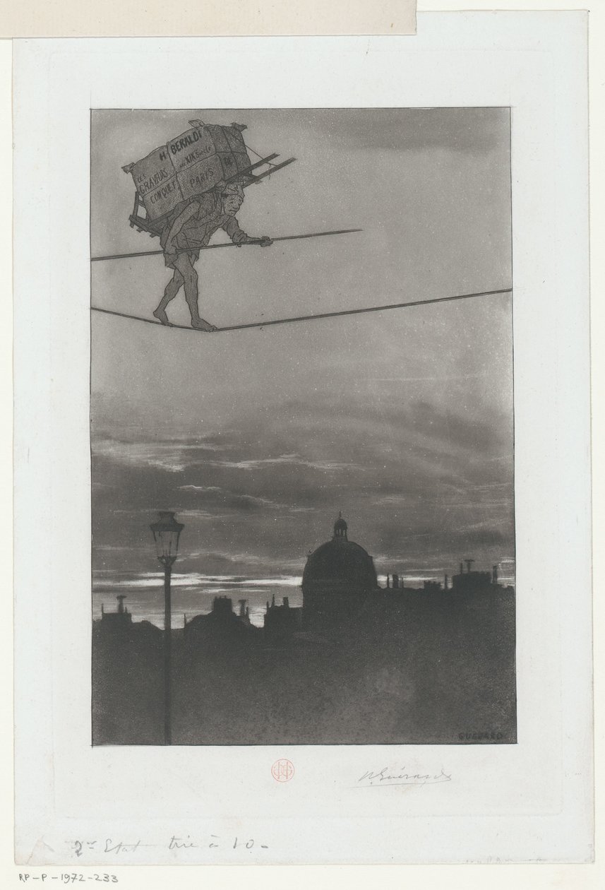 Spännbandsrullator med paket på ryggen över en stad Titelsida för: Henri Béraldi, Les Graveurs du XIXe siècle (...), 1888 av Henri Charles Guérard (signed by artist)