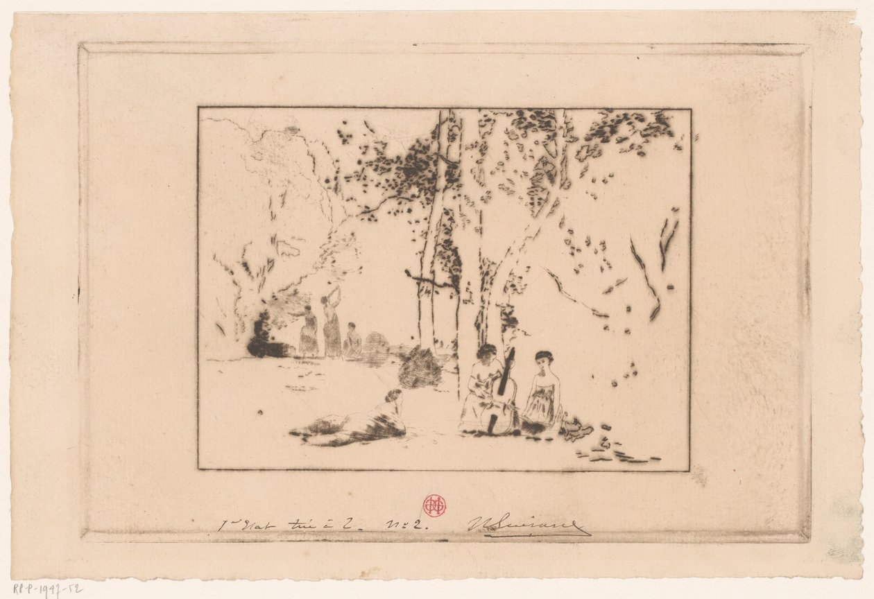 Kvinnor som gör musik under ett träd av Henri Charles Guérard (signed by artist)