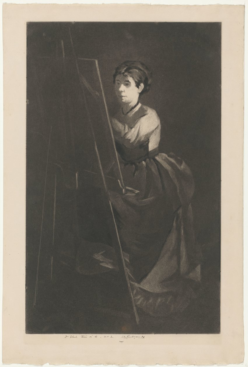 Porträtt av Eva Gonzalès framför ett staffli av Henri Charles Guérard (signed by artist)
