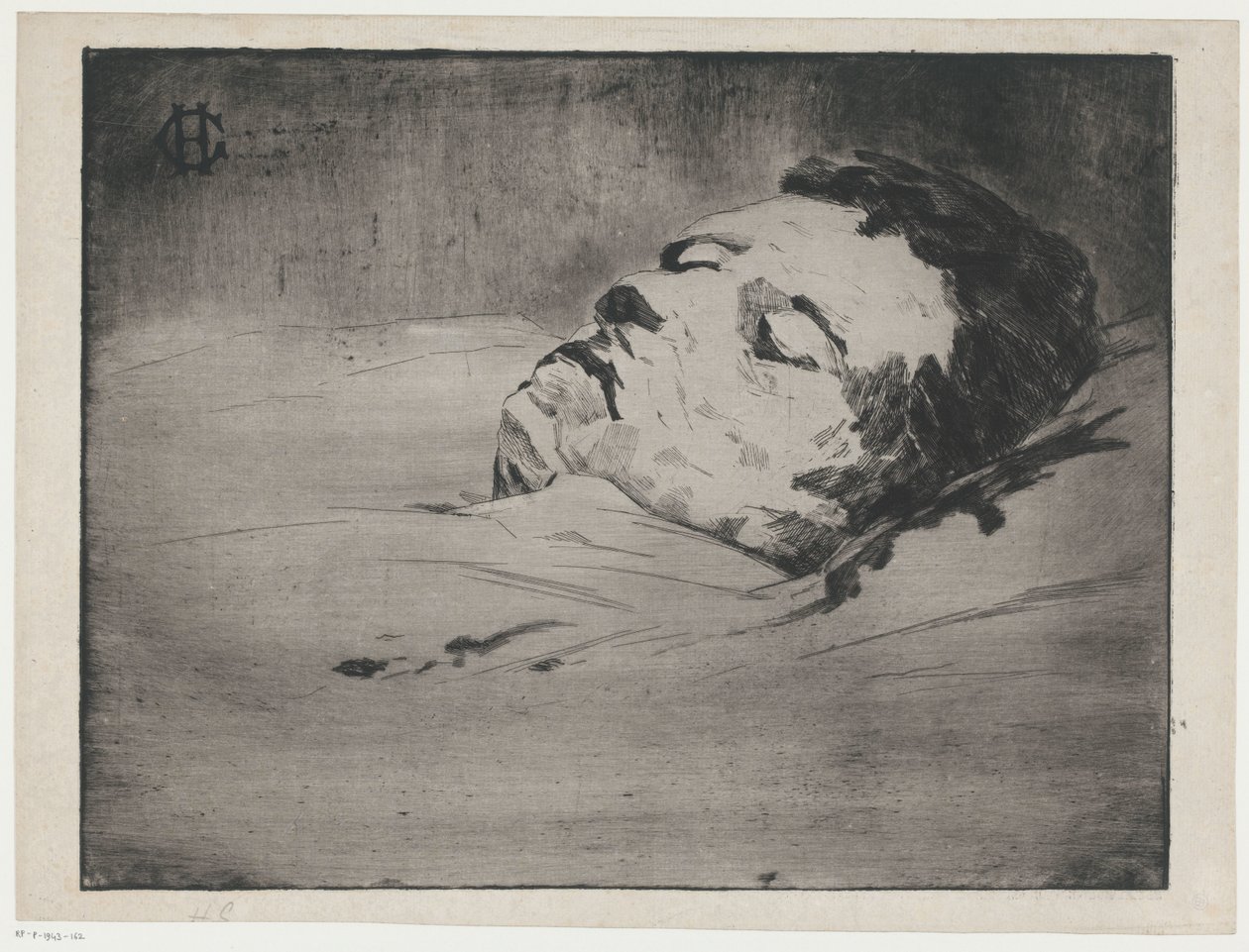 Porträtt av en okänd man på sin dödsbädd av Henri Charles Guérard (signed by artist)