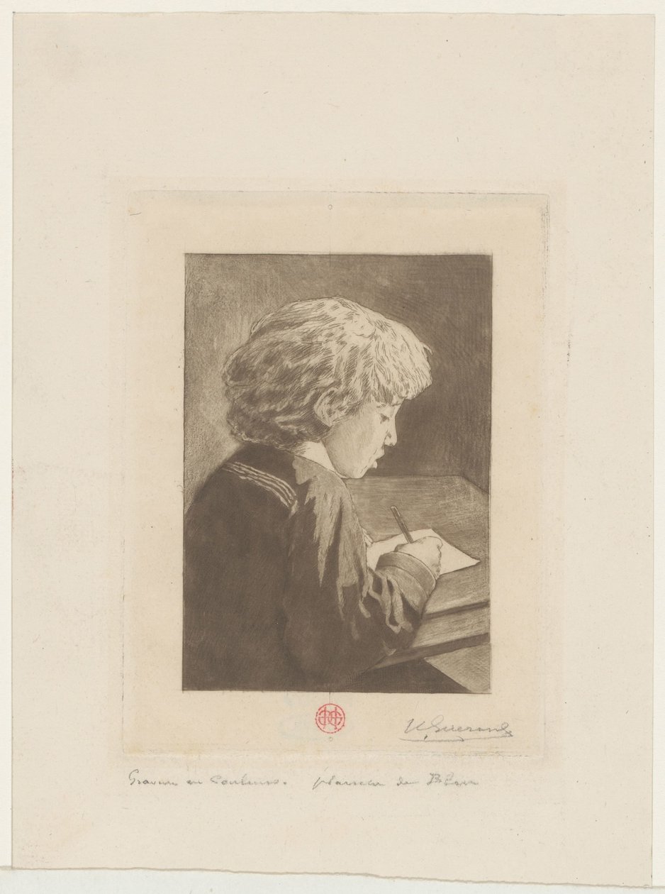 skrivande pojke av Henri Charles Guérard (signed by artist)