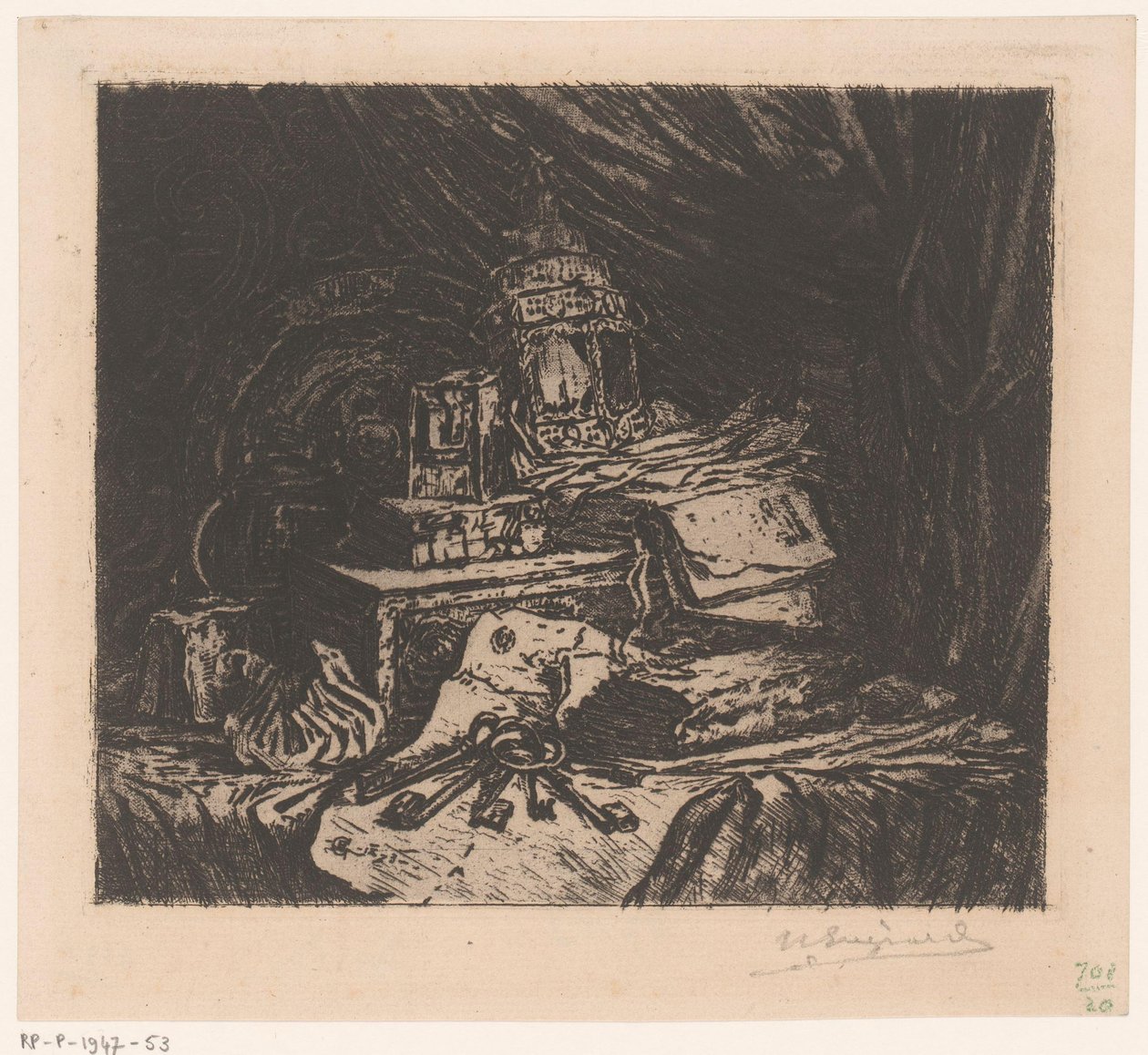 Stilleben med nycklar och lykta av Henri Charles Guérard (signed by artist)
