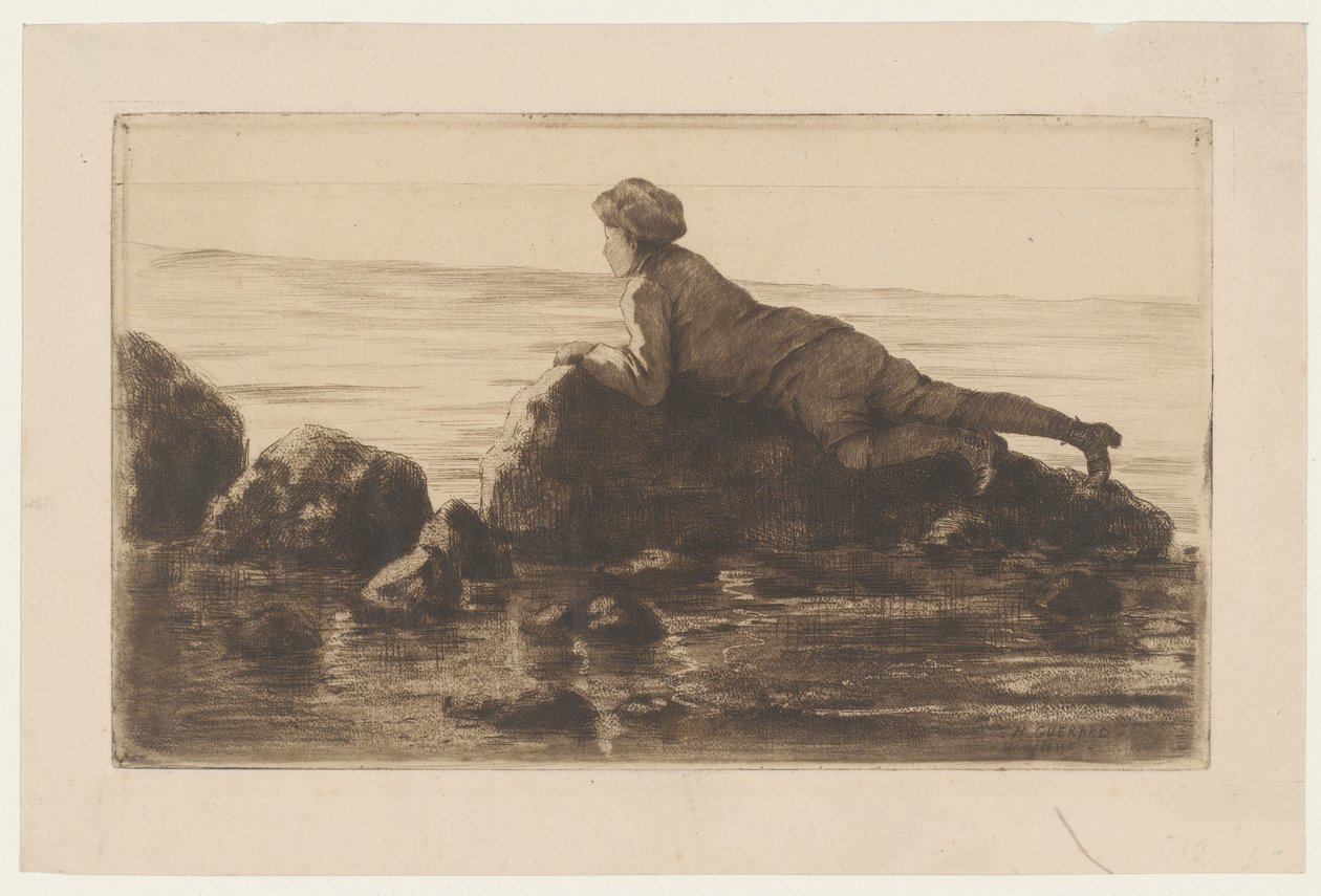 Pojke liggande på stenblock på stranden av Henri Charles Guérard