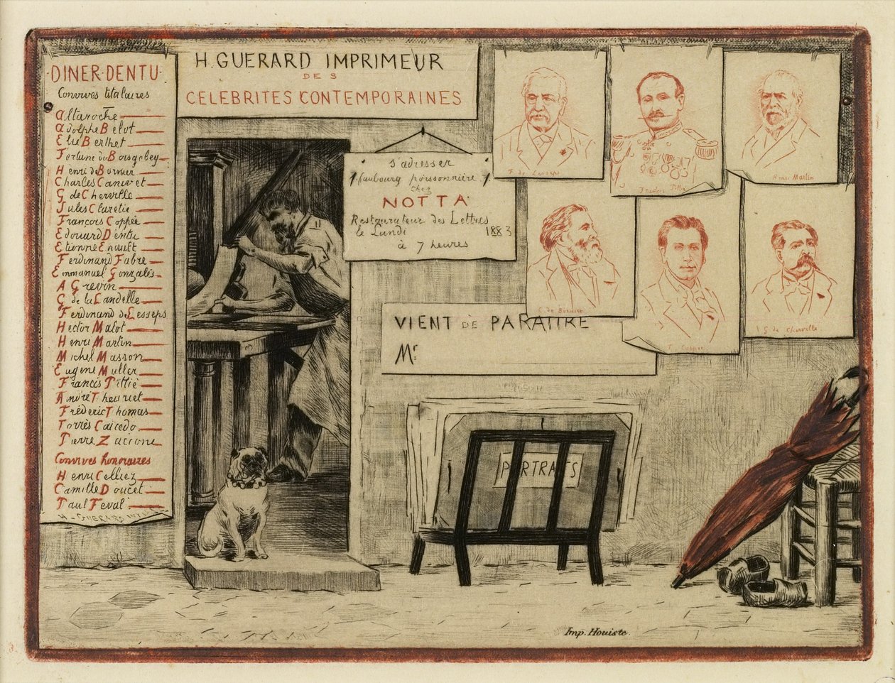 Porträtt av herrarna de Lesseps, Coppée, General Pittié, de Bornier, Henri Martin, Mis de Cherville, 1883 (etsning, torrnål) av Henri Charles Guérard