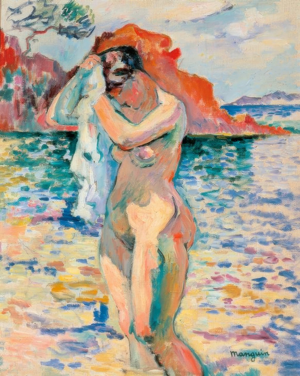 En baderska torkar sitt hår vid havet av Henri Charles Manguin