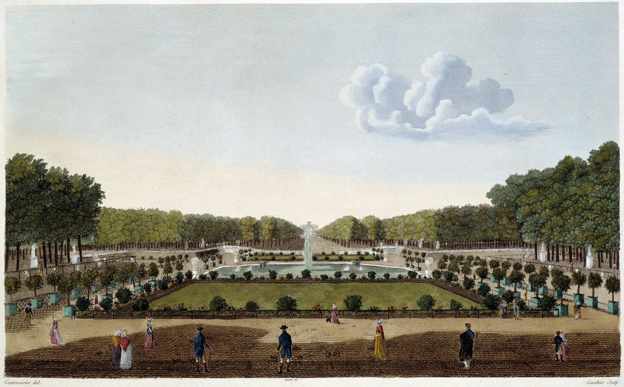 Jardin du Luxembourg sett från slottets terrass. Gravyr av Courvoisier av Henri Courvoisier Voisin