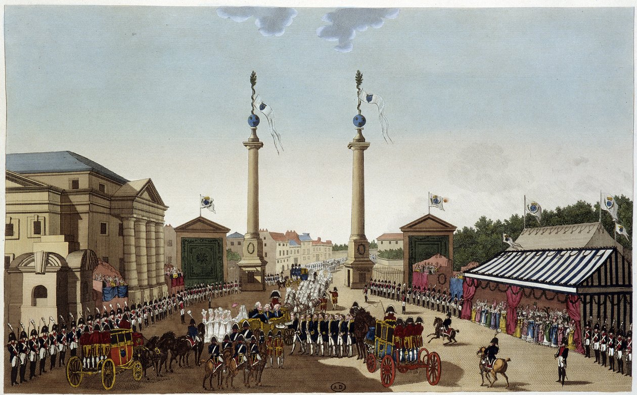 Saint-Denis-barriären vid överlämnandet av nycklar till Ludvig XVIII den 3 maj 1814 - i "" Vues de Paris"" av Courvoisier 1827 av Henri Courvoisier Voisin