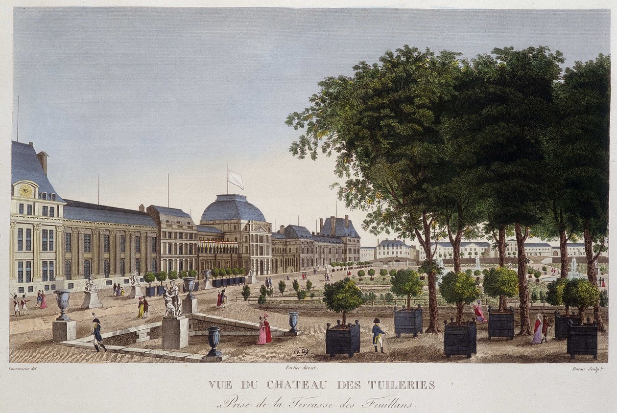 Trädgården och Chateau des Tuileries sett från terrassen på Les Feuillans. Gravyr av Courvoisier av Henri Courvoisier Voisin