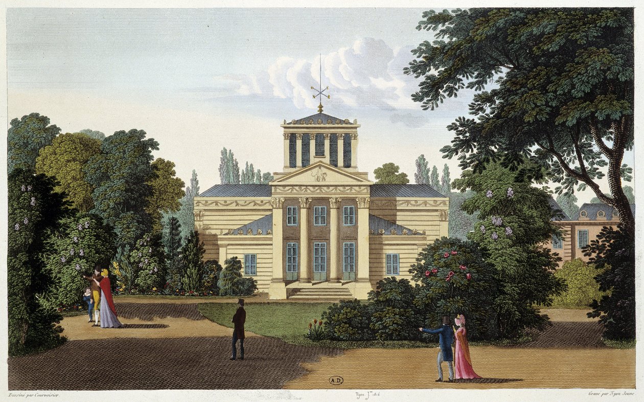 Paviljong av Monceau trädgård. Gravyr av Courvoisier av Henri Courvoisier Voisin