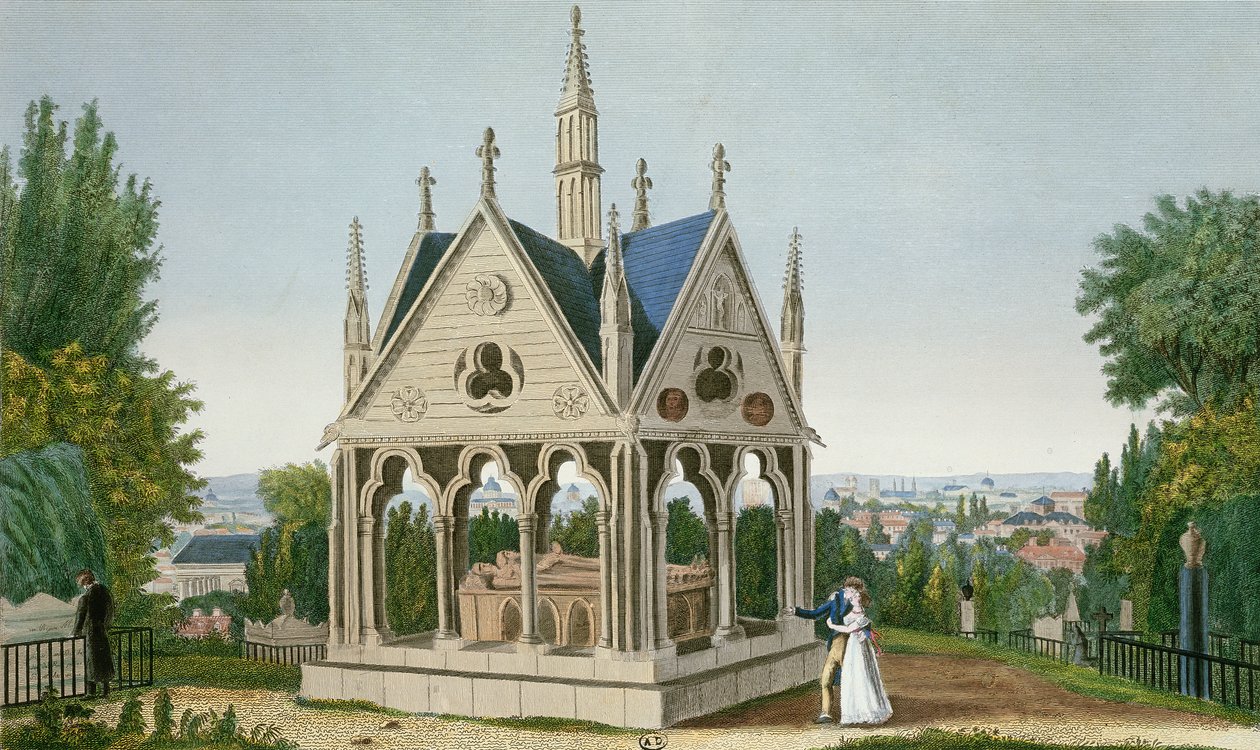 Heloises och Abélards grav på Pere Lachaise-kyrkogården, 1815-20 (färgstick) av Henri Courvoisier Voisin