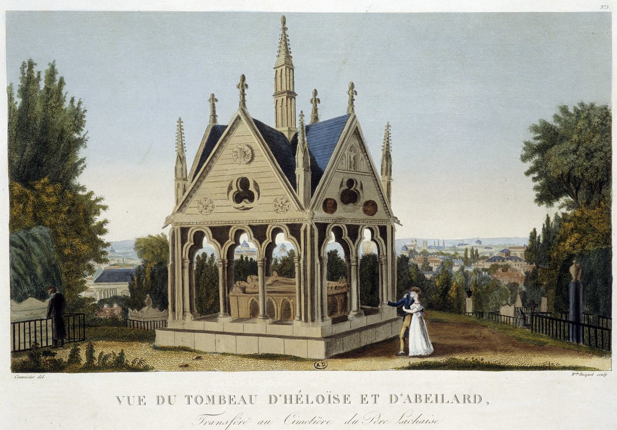 Héloïses och Abelards grav i Père Lachaise, ca. 1820 - i ""Views of Paris"" av Courvoisier av Henri Courvoisier Voisin