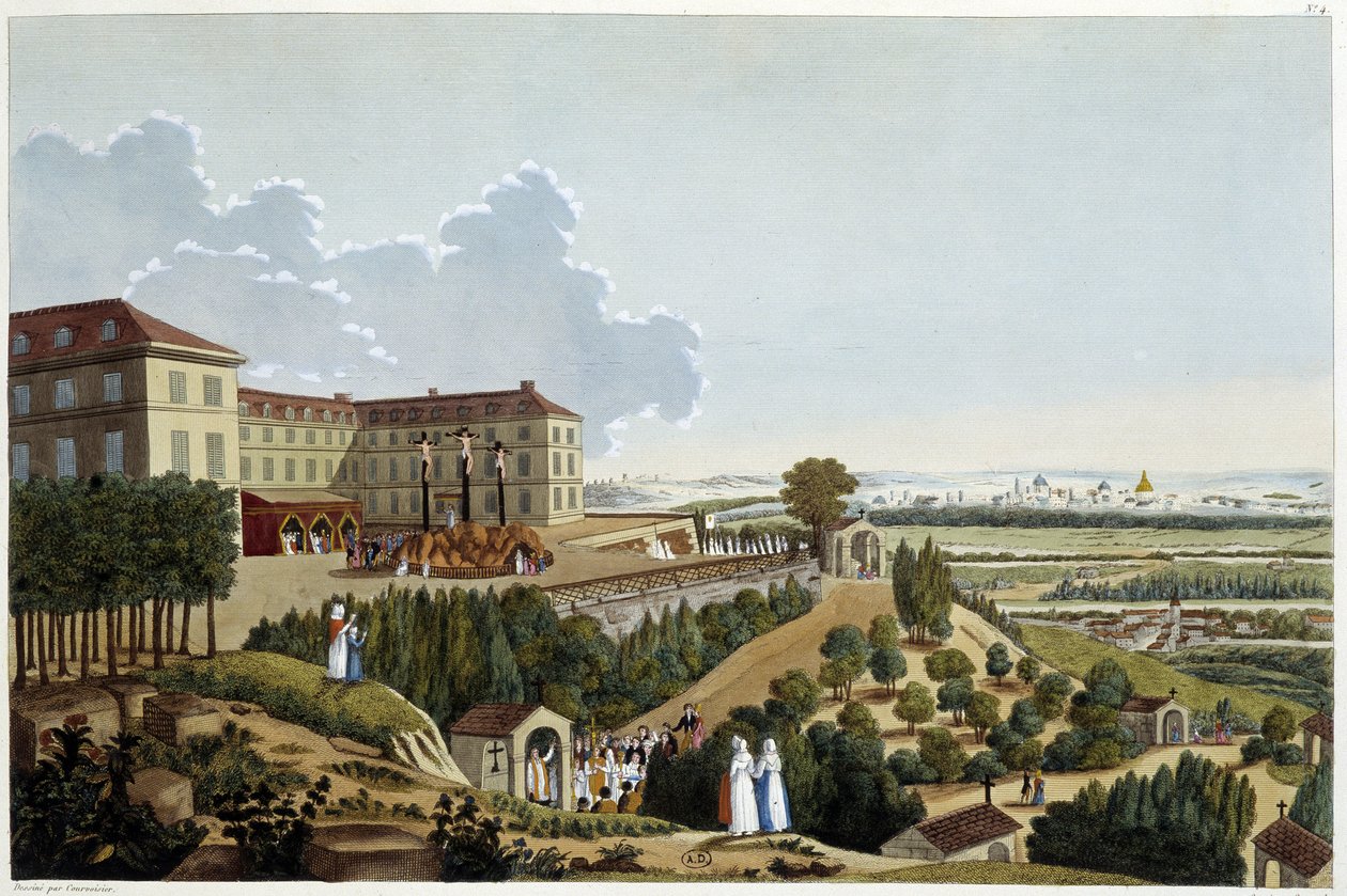 Utsikt över Golgata, under festligheterna i Ste Croix, i Suresnes - i "" Vues de Paris" av Courvoisier av Henri Courvoisier-Voisin