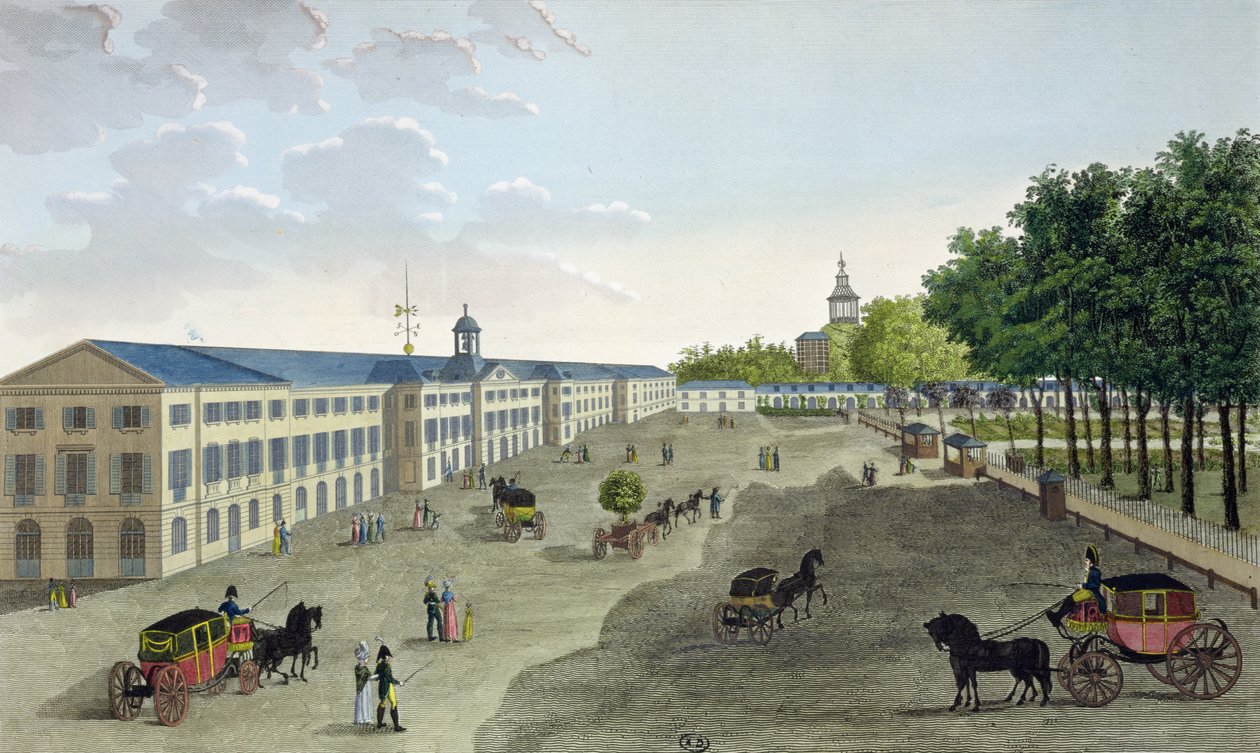 Utsikt över det nya galleriet för naturhistoriska museet vid Jardin des Plantes i Paris, graverad av Claude Fortier (1775-1835) (färgstick) av Henri Courvoisier Voisin