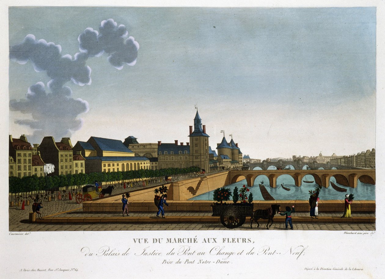 Utsikt över blomstermarknaden, bytesbro och ny bro - i "" Vues de Paris"" av Courvoisier av Henri Courvoisier Voisin