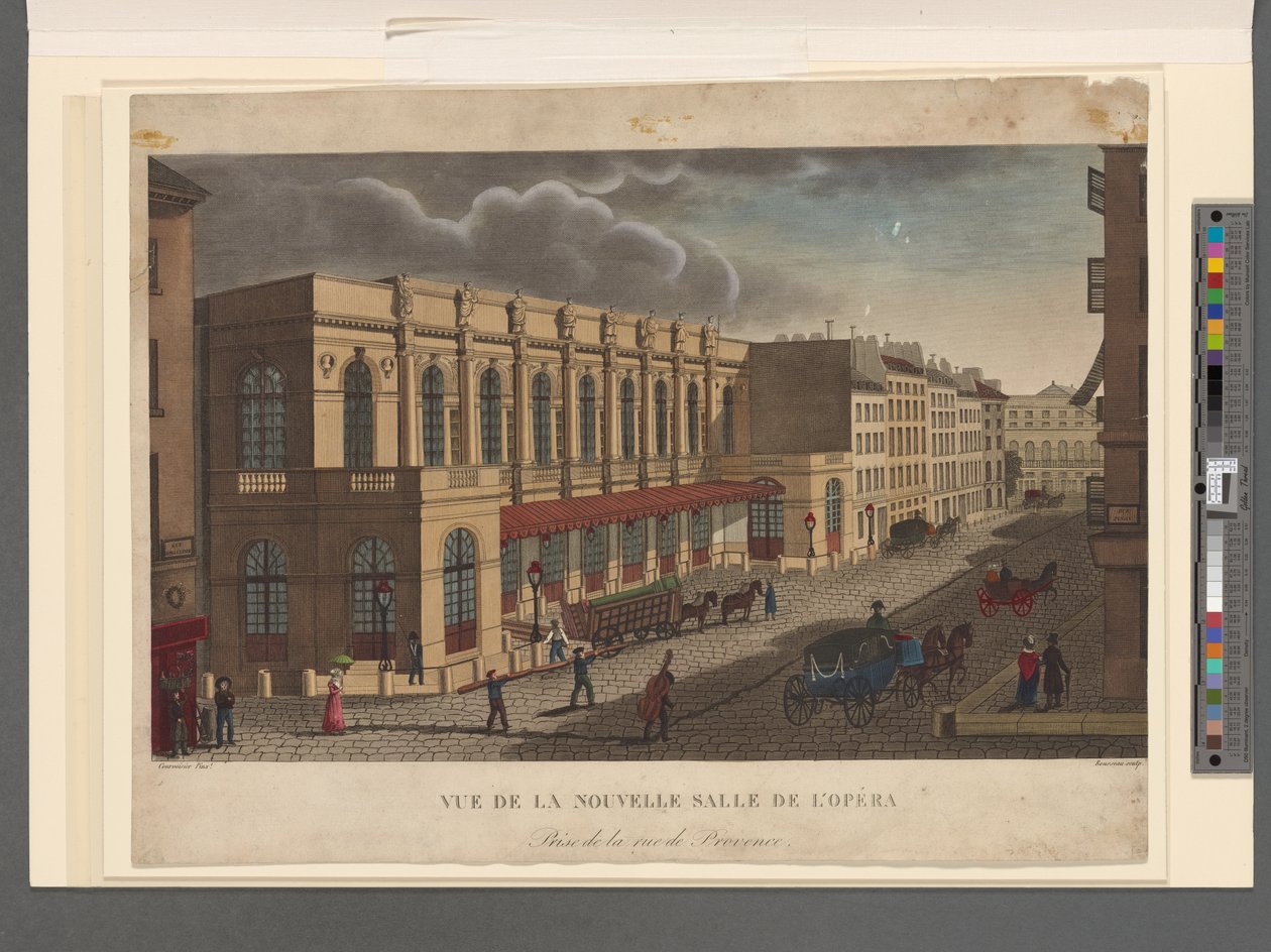 Utsikt över operans nya sal tagen från rue de Provence, graverad av Rousseau, ca 1821 av Henri Courvoisier Voisin