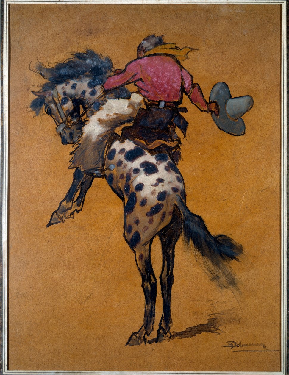 Rodeo: "" Cowboy on a horse bronco cabre"" Teckning av Henri Deluermoz (1876-1943) 1900-talets La Rochelle, New World Museum av Henri Deluermoz