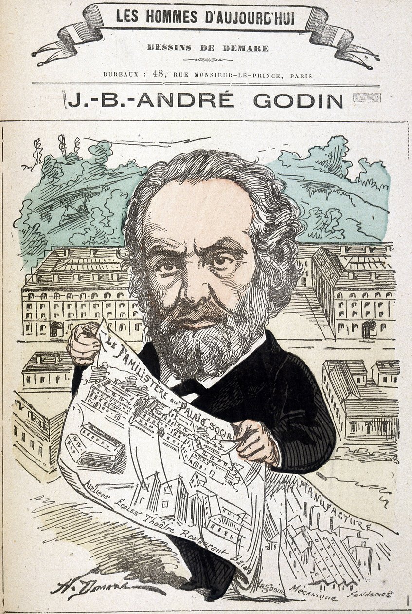 Jean Baptiste André Godin (1817-1888), industrigrundare av familjen. Teckning av Demare i "The men of today"". av Henri Demare