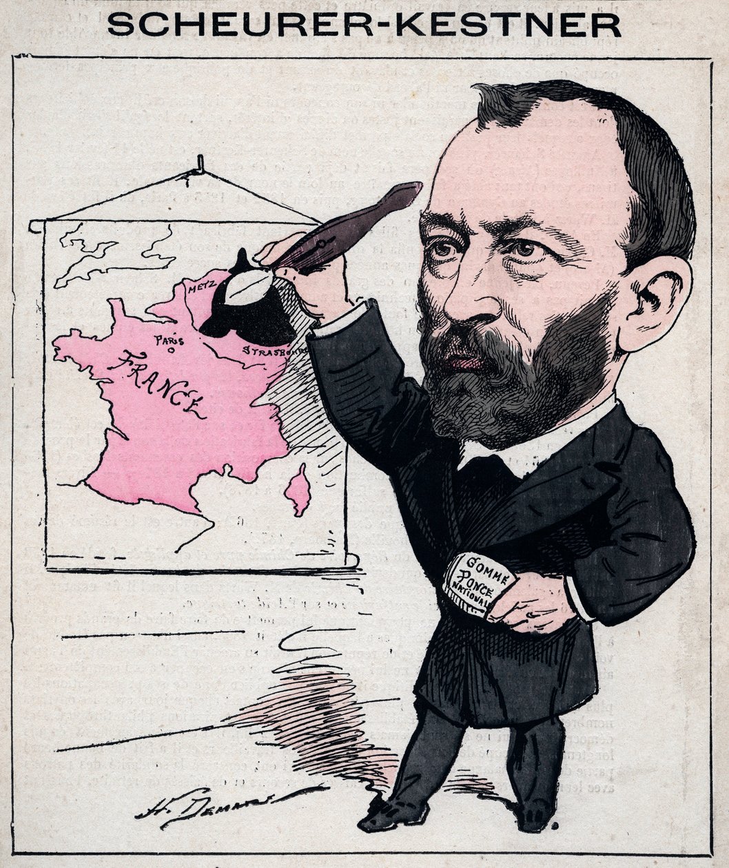 Porträtt av Auguste Scherer-Kestner (Scheurer Kestner) (1833-1899) kemist, industriman och Alsace-politiker - karikatyr av Henri Demare i "Les Hommes d