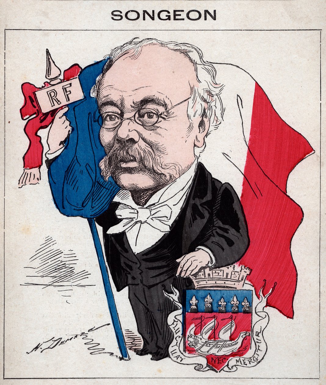 Porträtt av Jacques Songeon (1818-1899) tidigare ordförande för kommunfullmäktige i Paris - karikatyr av Henri Demare i "Les Hommes d