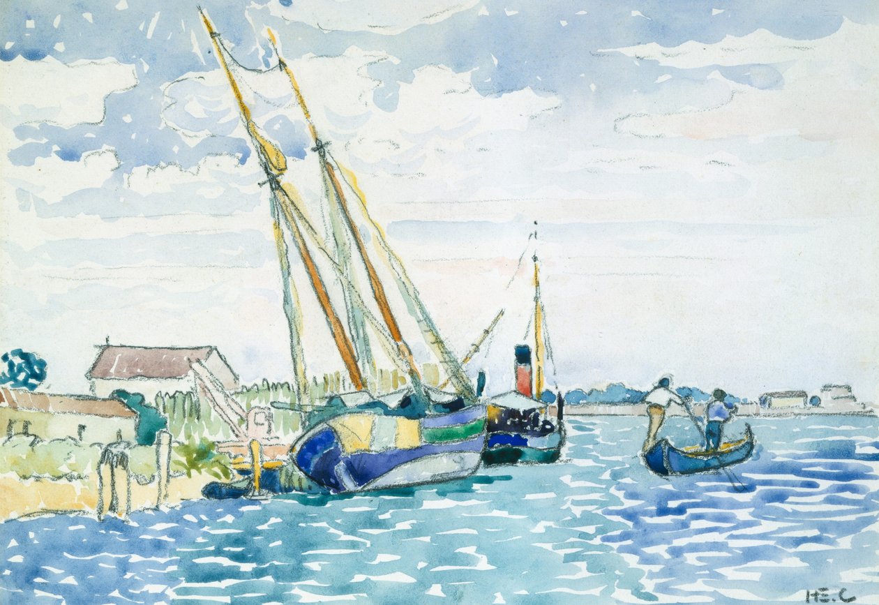 Marine Scene (Båtar nära Venedig), 1903 (wc över grafit på vitt vävt papper torrmonterat på kraftigt vävt kort) av Henri Edmond Cross