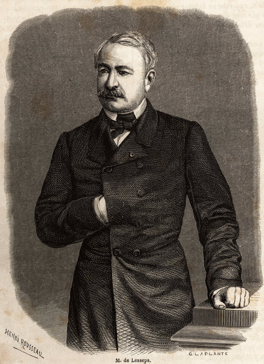 Porträtt av Ferdinand de Lesseps (1805-1894) diplomat och entreprenör, initiativtagare till de två ambitiösa projekten: Suez- och Panamakanalerna, teckning av Henri Rousseau, för att illustrera en utflykt till Suezkanalen 1862 av Paul Merruau. Gravyr i "" av Henri Emilien Rousseau
