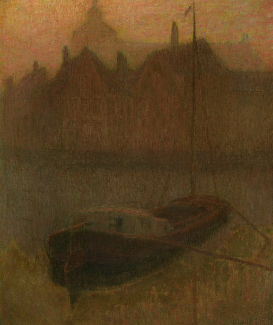 Båt på kanalen (morgon) (olja på duk) av Henri Eugene Augustin Le Sidaner