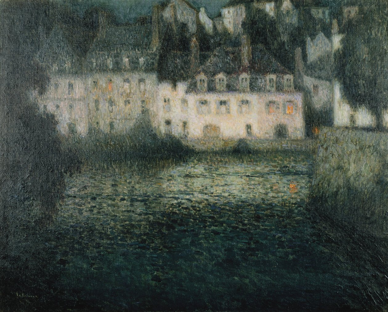 Hus på floden i månskenet; Hus vid Moonlight River, Quimperle av Henri Eugene Augustin Le Sidaner