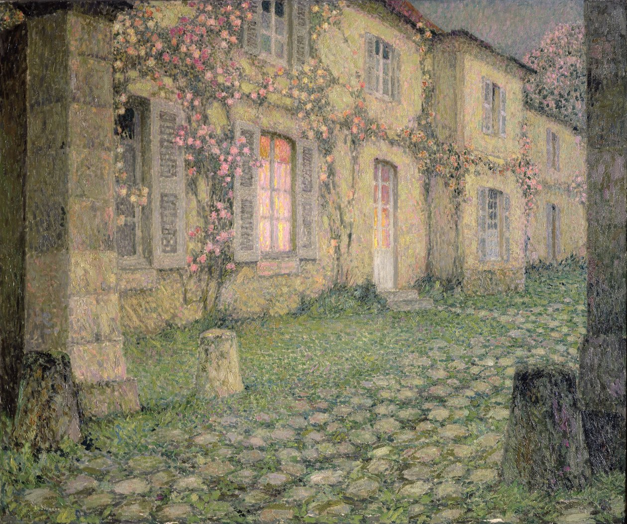 Hus med rosor i skymningen, c.1928 av Henri Eugene Augustin Le Sidaner