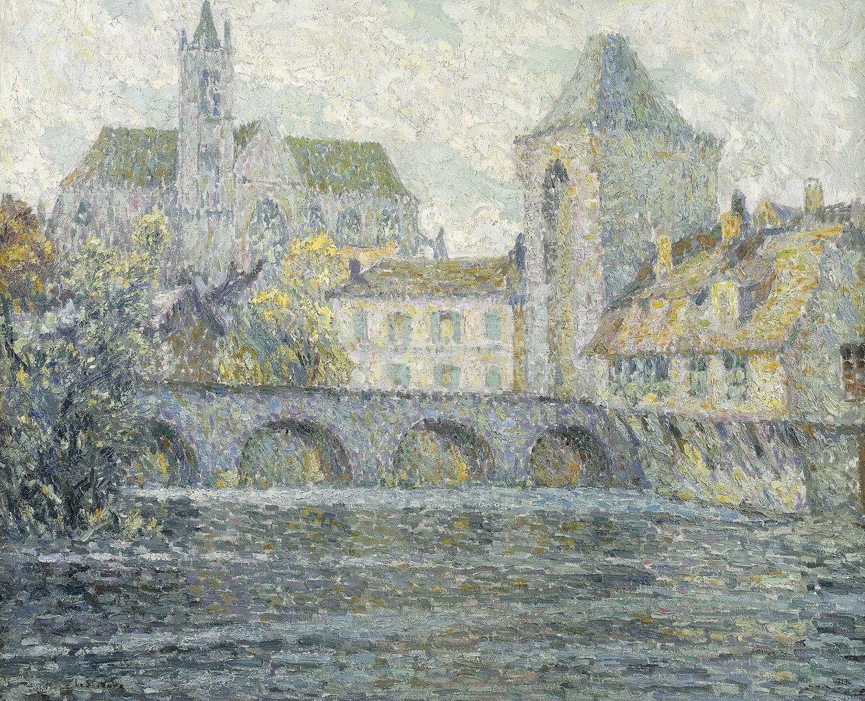 Moret Landskap, Bron; Paysage Moret, Le Pont av Henri Eugene Augustin Le Sidaner