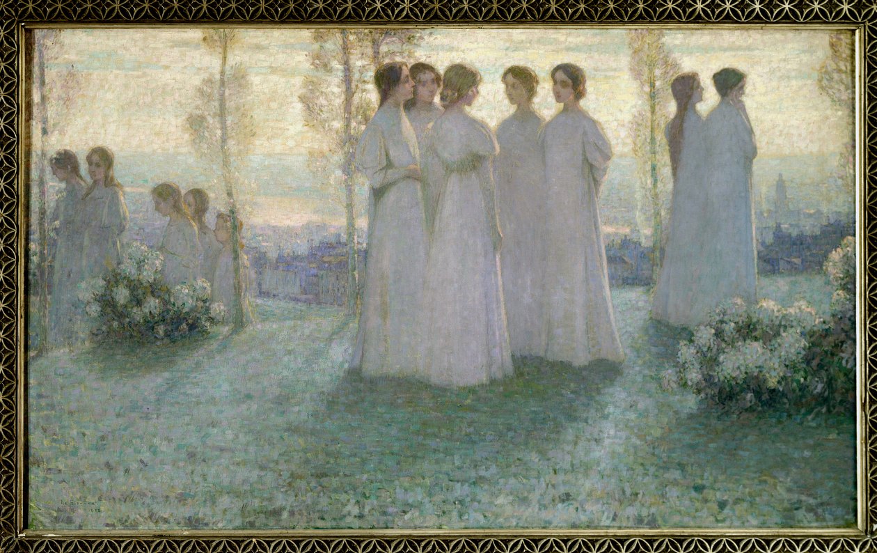På söndagen pratade en vitklädd kvinna i en trädgård - Målning av Henri Eugene (Henri-Eugene) Le Sidaner (1862-1939) av Henri Eugene Augustin Le Sidaner
