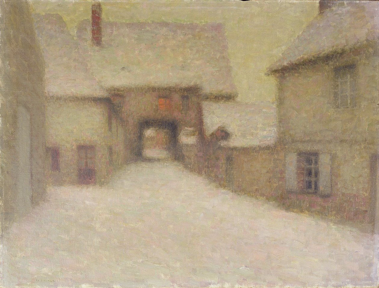 Snow, den gamla byn, Gerberoy, 1902 av Henri Eugene Augustin Le Sidaner