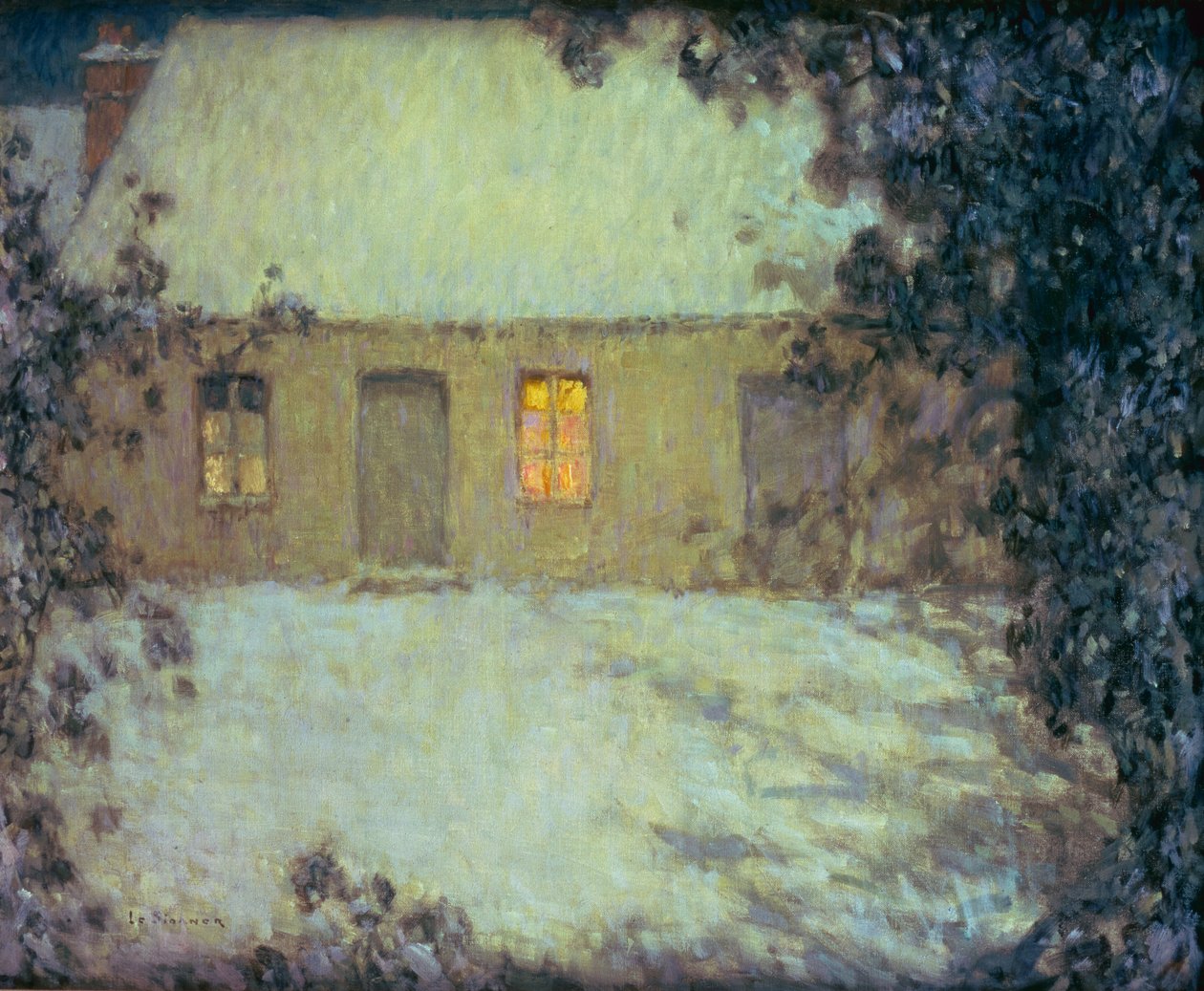 Halmtäckt stuga under snön (olja på duk) av Henri Eugene Augustin Le Sidaner