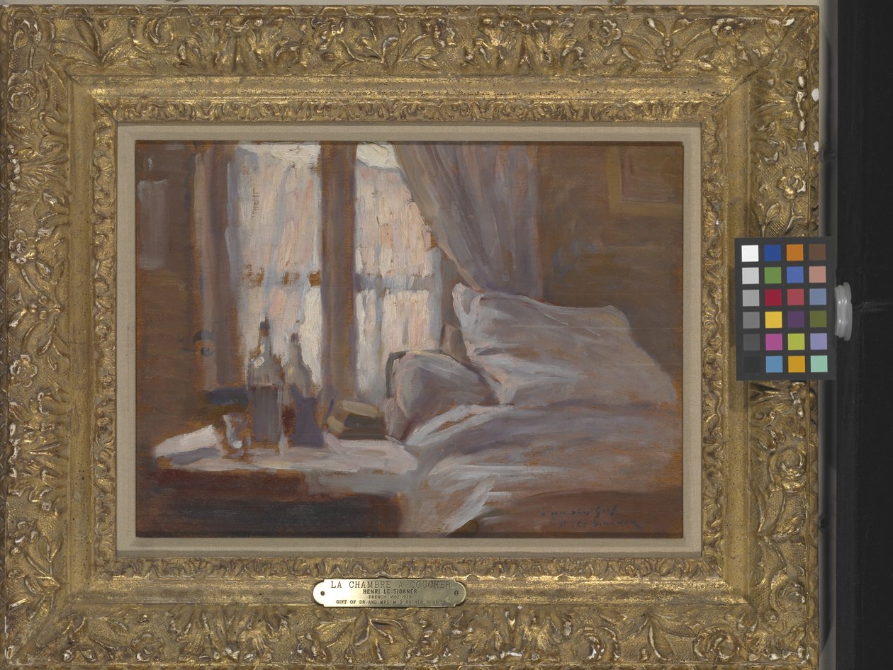 Sovrummet (olja på trä) av Henri Eugene Augustin Le Sidaner