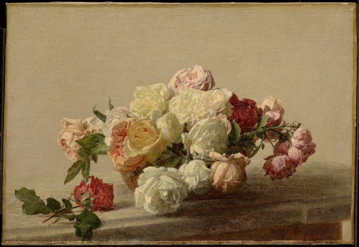 Skål med rosor på ett marmorbord av Henri Fantin-Latour